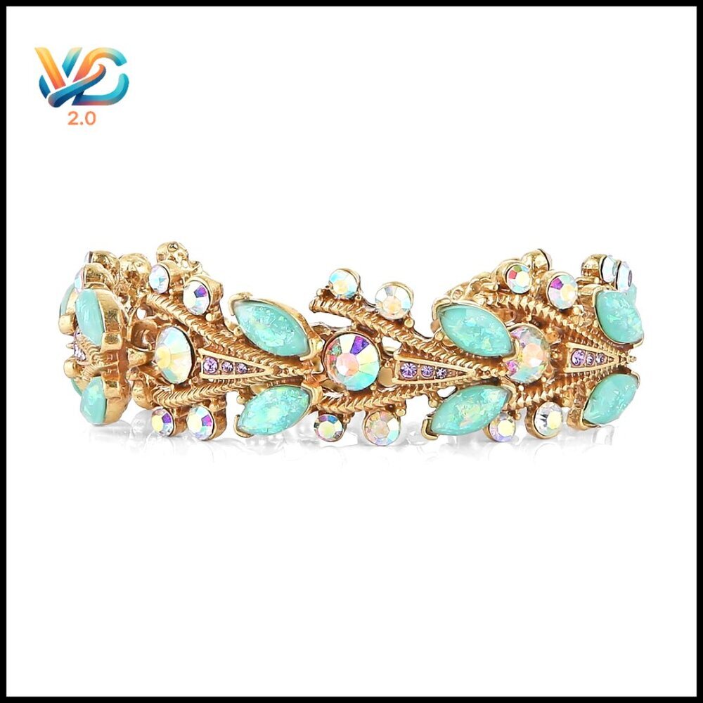 Adjustable Chunky Cuff Bracelet, Handmade Brass with Opal & Crystals, Vintage